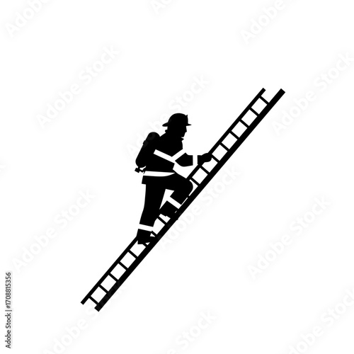 Silhouette of a firefighter climbing a tall ladder against a white background symbolizing rescue and bravery