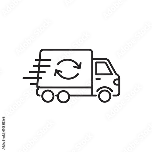Simple outline icon of a delivery truck with a circular arrow symbol indicating return or exchange services