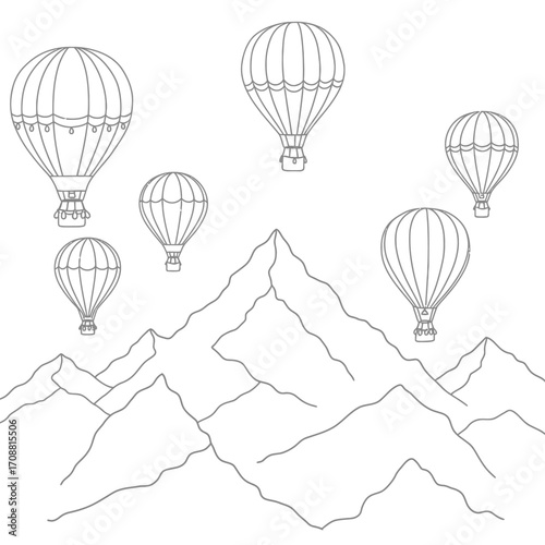 Whimsical hand drawn hot air balloons floating above majestic mountain peaks in a sketchy style