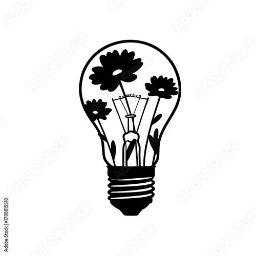 Creative idea concept symbolizing growth and innovation with flowers blooming inside a light bulb
