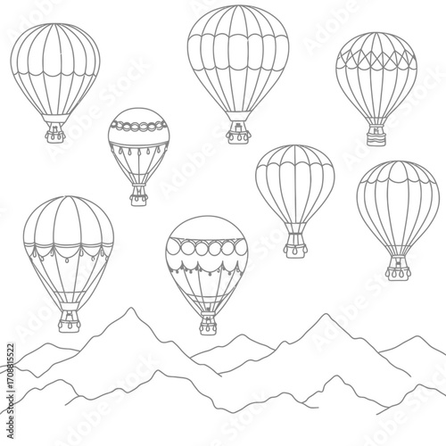 Collection of hand drawn hot air balloons floating above a sketched mountain range in a whimsical illustration style