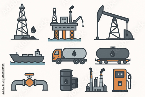 Flat vector illustration set of oil and gas industry with rigs, platforms, refineries, and fuel transport