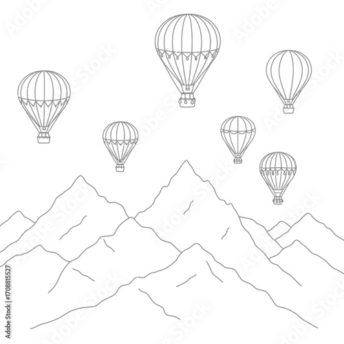 Sketch of multiple hot air balloons floating serenely above a majestic mountain range landscape