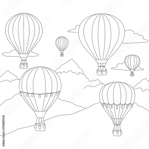 Whimsical black and white sketch of hot air balloons gracefully floating over a mountainous landscape