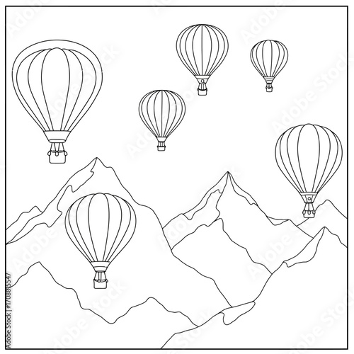 Whimsical hand drawn illustration of hot air balloons floating serenely above a majestic mountain range