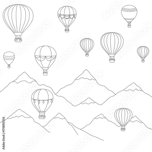 Whimsical hand drawn sketch of hot air balloons floating serenely above a majestic mountain range landscape