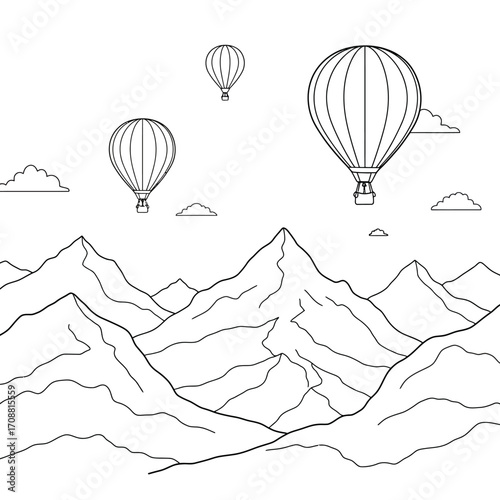 Whimsical hand drawn sketch of hot air balloons floating serenely above a majestic mountain range under a cloudy sky