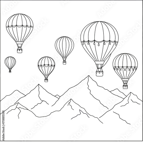 Whimsical hand drawn sketch of hot air balloons floating serenely above a majestic mountain range landscape