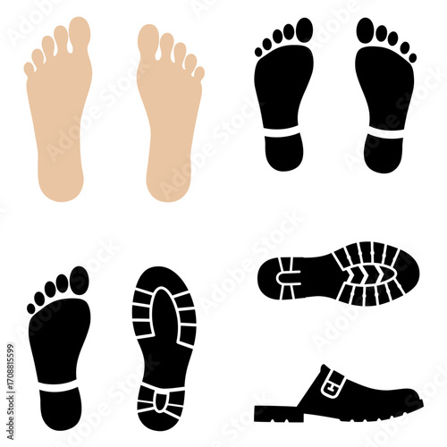 Collection of diverse footprint and shoe sole illustrations representing walking and different footwear types