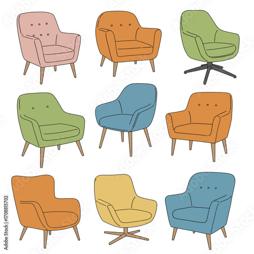 Collection of nine colorful retro armchairs and accent chairs in various styles and vibrant colors