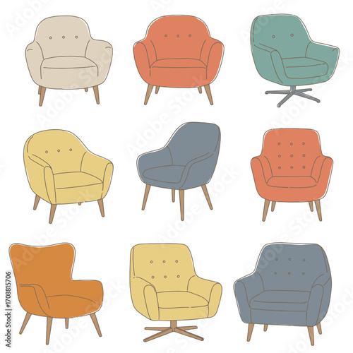 Collection of nine colorful vintage armchair illustrations in a grid pattern on a white background