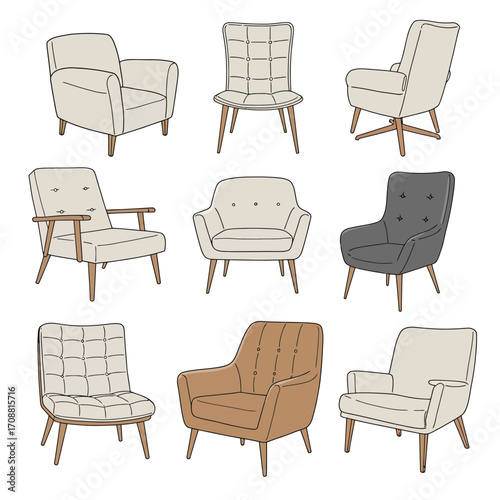 Collection of nine diverse antique and vintage armchairs and accent chairs in a grid layout