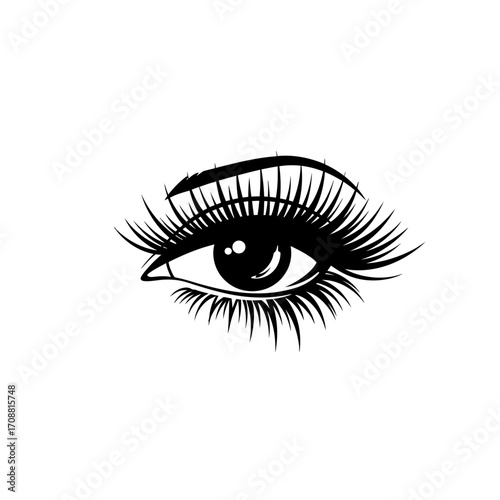 Close up of a beautiful woman s eye with long dramatic eyelashes and dark pupil on a white background