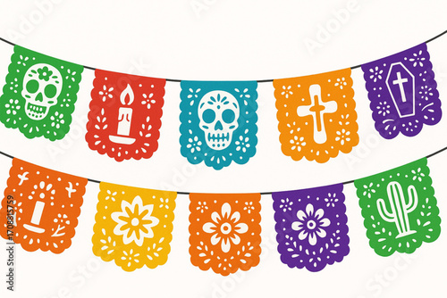 Colorful papel picado vector banner for Día de los Muertos celebration with festive cut-out designs