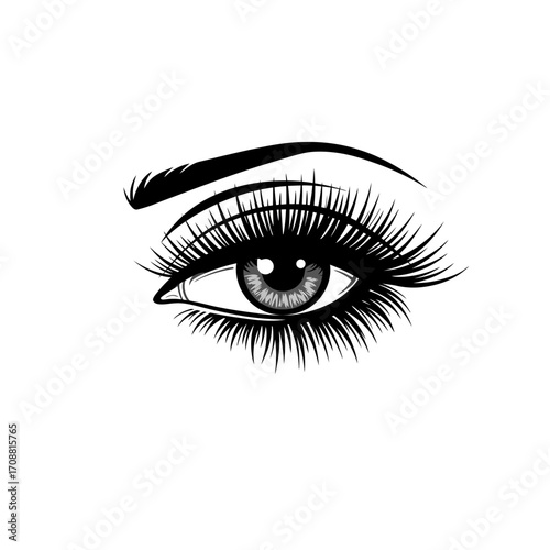 Close up black and white illustration of a beautiful woman s eye with long dramatic eyelashes and arched eyebrow