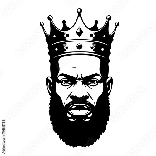 Powerful black man wearing ornate crown with intense gaze and full beard