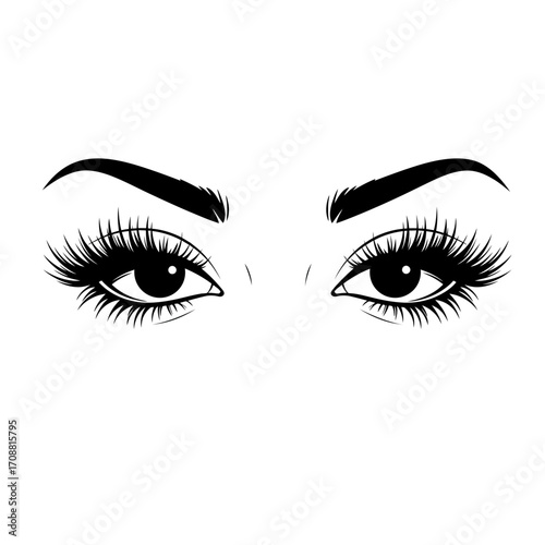Elegant black and white illustration of a woman s eyes with long lashes and defined eyebrows