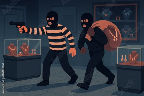 Vector illustration of jewelry store robbery with masked thieves, gun, and stolen jewelry