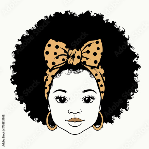Close up portrait of a young black girl with a large afro hairstyle and a polka dot headband
