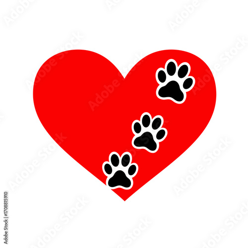 Bright red heart shape adorned with three black paw prints symbolizing animal love and companionship