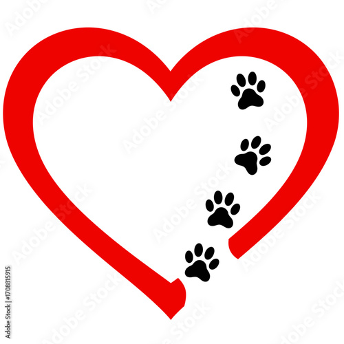 Red heart outline with black paw prints symbolizing love and care for animals