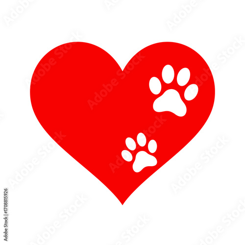 Red heart symbol with white paw prints illustrating love and care for animals