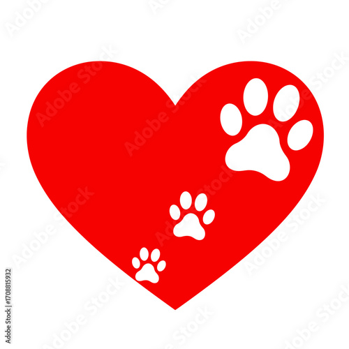 Bright red heart shape adorned with adorable white paw prints symbolizing animal love and care