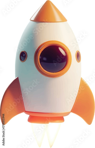 Cartoon Rocket Ship Launching with Orange Fins and Glowing Engines on a White Background spaceship