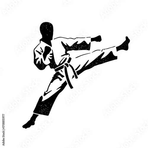 Silhouette of a martial artist performing a dynamic high kick in a traditional karate gi