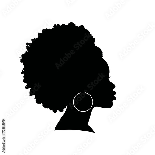 Silhouette of a black woman with a large afro hairstyle and hoop earrings in profile