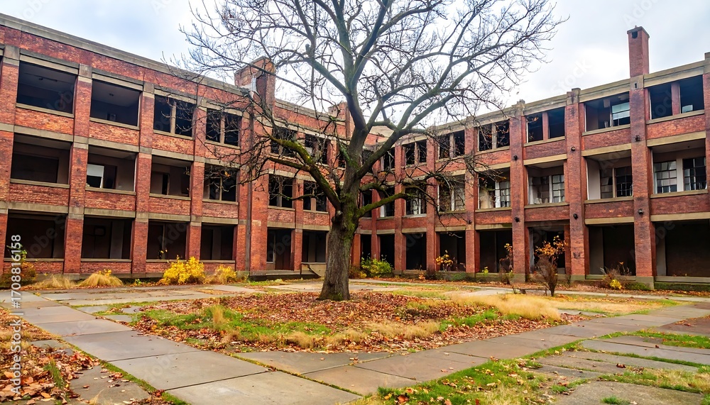 Obraz premium Abandoned Brick Building Courtyard with Bare Tree in Autumn