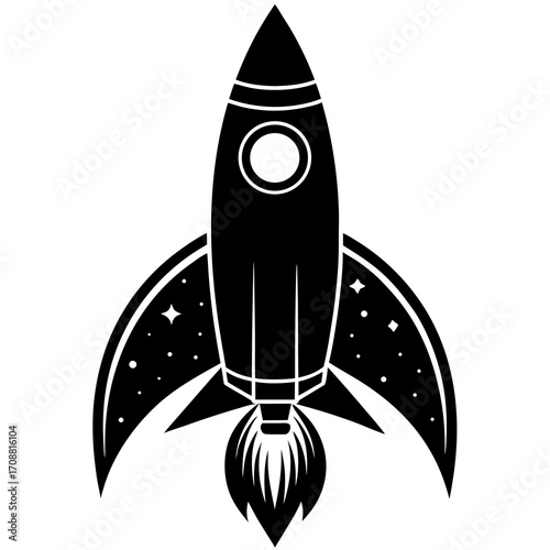 Retro style black rocket ship blasting off into starry space with fiery exhaust