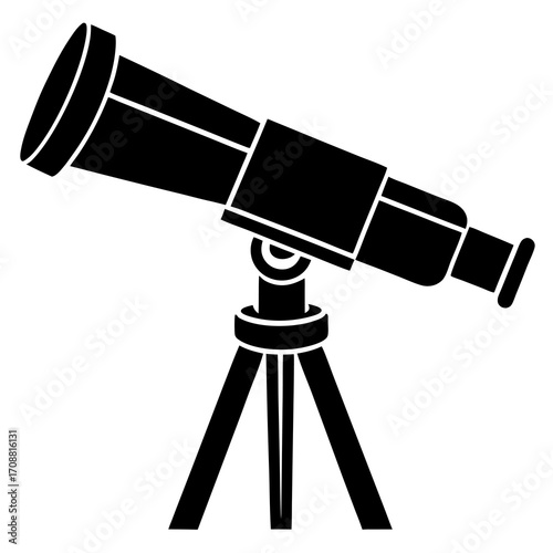 Black silhouette of a telescope on a tripod against a white background