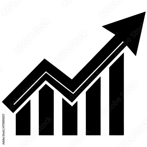 Black graphic of a bar chart with an upward trending arrow indicating growth and success