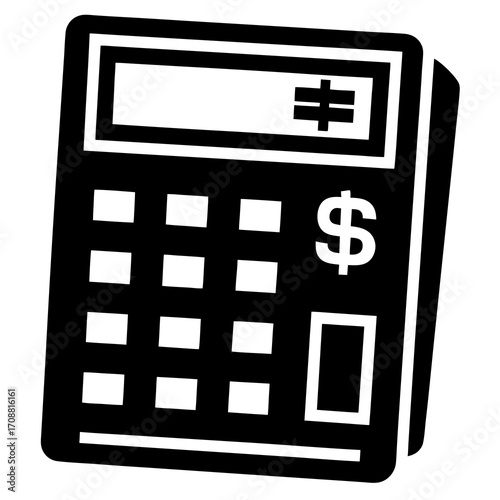 Simple black and white icon of a calculator with a dollar sign and equals symbol on display