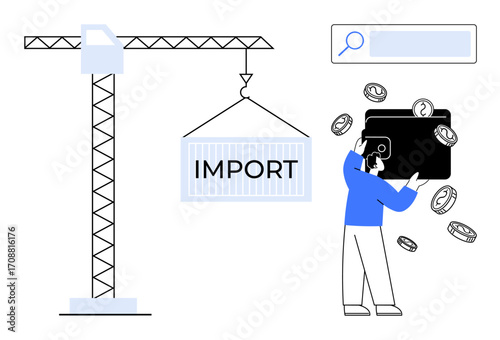 Crane lifts import container while man inspects wallet with falling coins and magnifying glass search bar. Ideal for trade, economy, logistics, importexport, finance, savings, simple landing page