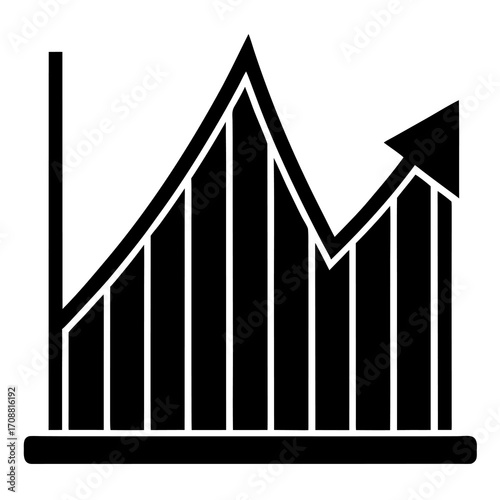 Black and white icon representing a rising bar graph with an upward trending arrow indicating growth and success