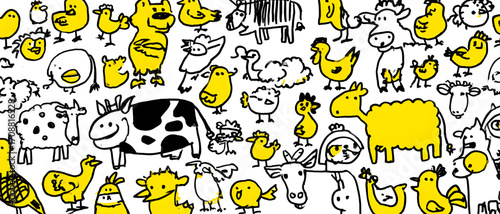 Cute Cartoon Farm Animals Hand Drawn Illustration.