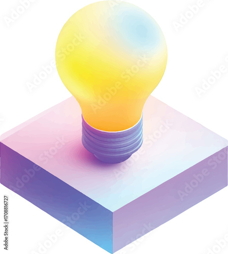 Glowing Yellow Light Bulb on a Colorful Isometric Cube on a White Background idea concept