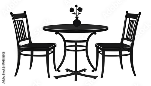 Black Silhouette of Round Table with Two Chairs and Flowers