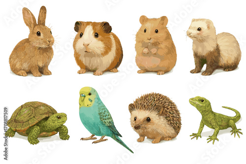 Pet silhouette icon set. featuring rabbit, guinea pig, hamster, ferret, turtle, parrot, hedgehog, lizard