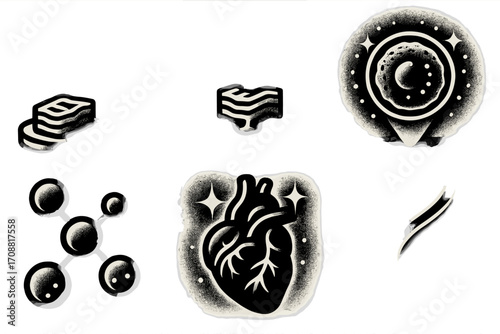 Science and technology silhouette icon set. featuring 3d printing, cell, molecule, heart, and dna symbols