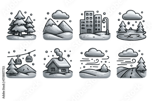 Winter landscape silhouette icon set. featuring trees, mountains, buildings, ice rink, cable car, house, snow, and road