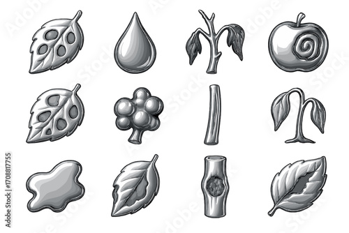 Nature elements silhouette icon set. featuring leaf, water drop, branch, apple, and flower symbols