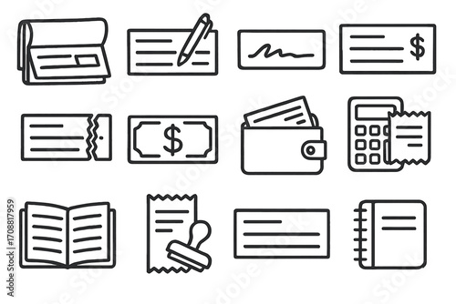 Office and finance linear icons set. featuring documents, checks, money, wallet, calculator, and notebook