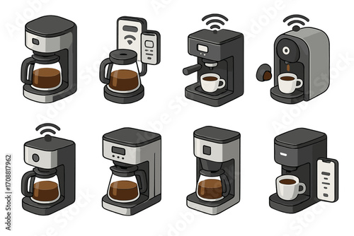 Coffee machine silhouette icon set. featuring drip, espresso, smart, and wifi coffee makers