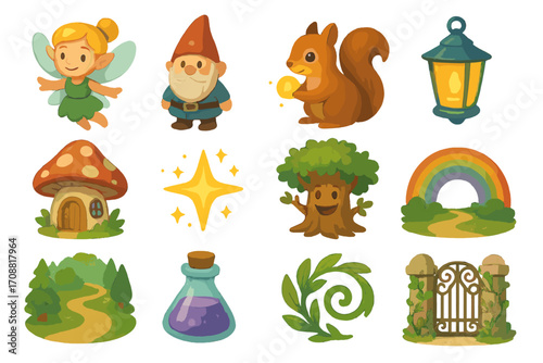 Fantasy icons set. featuring fairy, gnome, squirrel, lantern, mushroom, star, tree, rainbow, forest, potion, vine, gate.