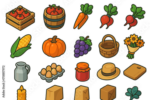 Farm produce flat icon set. featuring tomato, carrot, beet, corn, pumpkin, grape, basket, and milk symbols