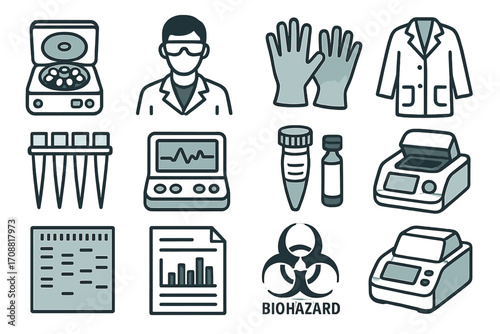 Laboratory equipment linear icon set. featuring centrifuge, gloves, pipettes, biohazard, lab coat, and test tube symbols