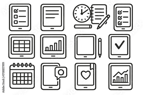 Organization linear icon set. featuring checklist, note, clock, calendar, graph, and mobile symbols
